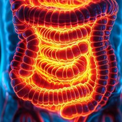 Close-up of human intestines with illuminated sections, representing diagnostic healthcare and gut health, detailed biological structure, rich textures